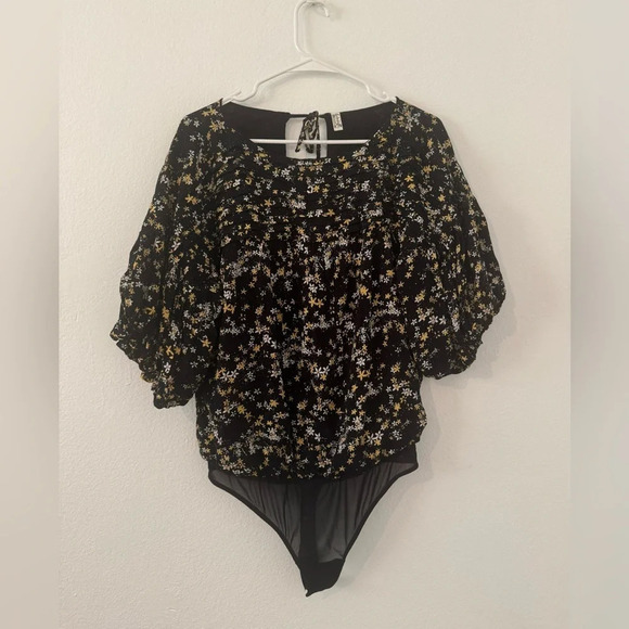 Free People Intimately Free Dessa Floral Bodysuit Black Balloon Sleeves Size Sm - Picture 1 of 14